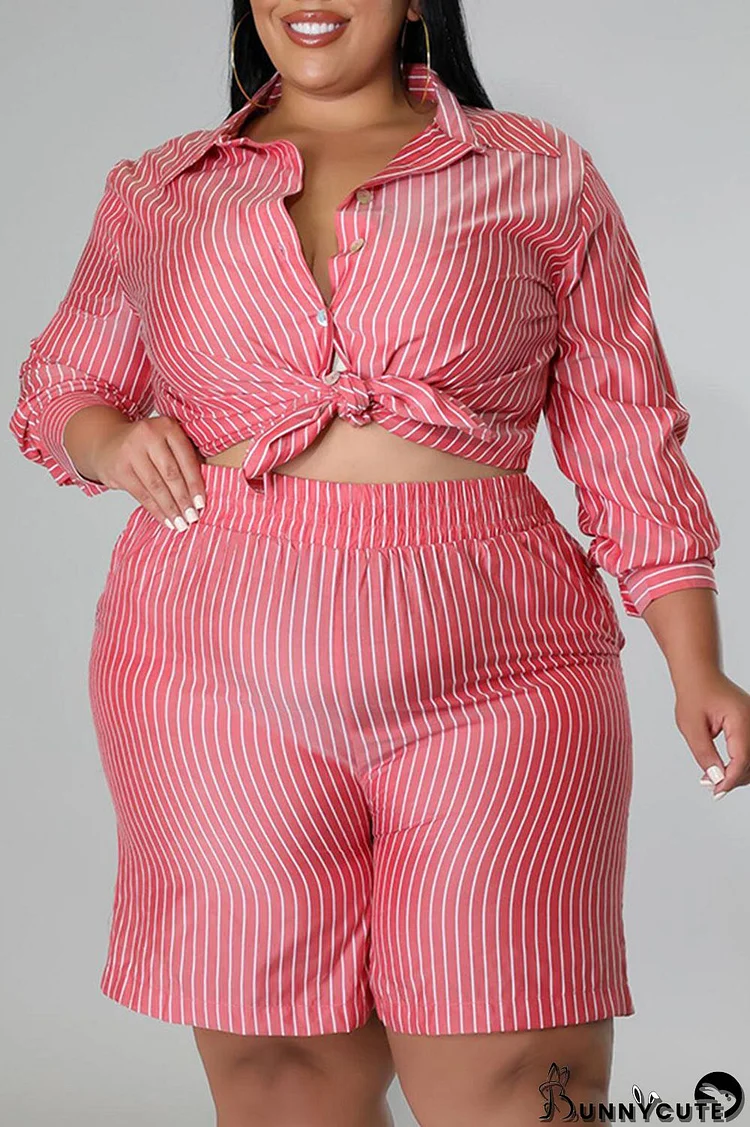 Red Casual Striped Print Patchwork Buckle Turndown Collar Plus Size Two Pieces