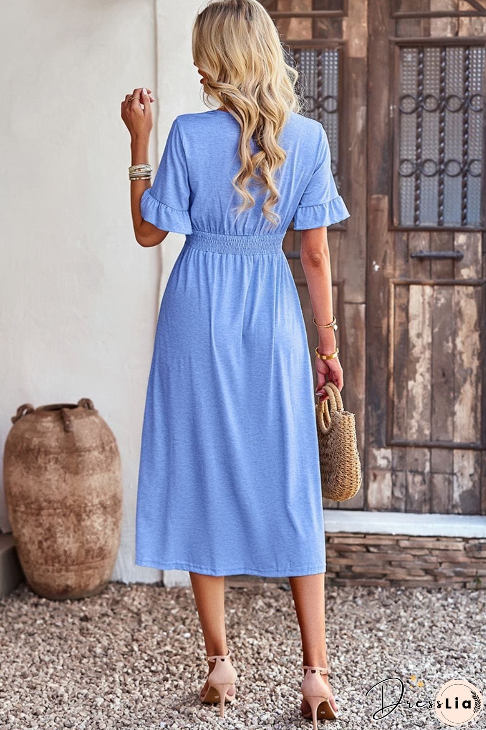 Gathered Detail Buttoned V-Neck Midi Dress