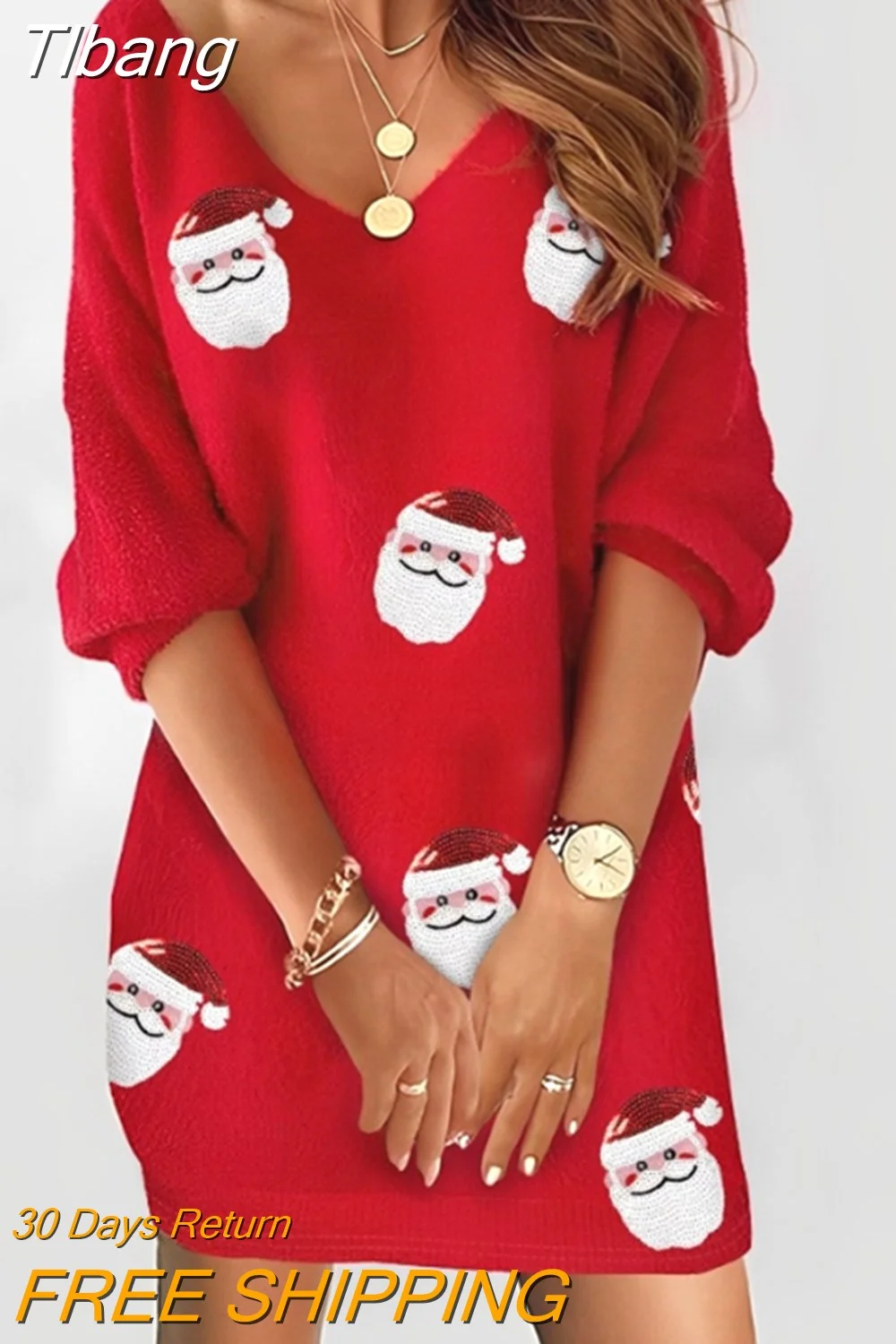 Tlbang Sequin Santa Claus Half Sleeve Fuzzy Woman Casual Dress Temperament New Autumn Women's Fashion Mini Dresses