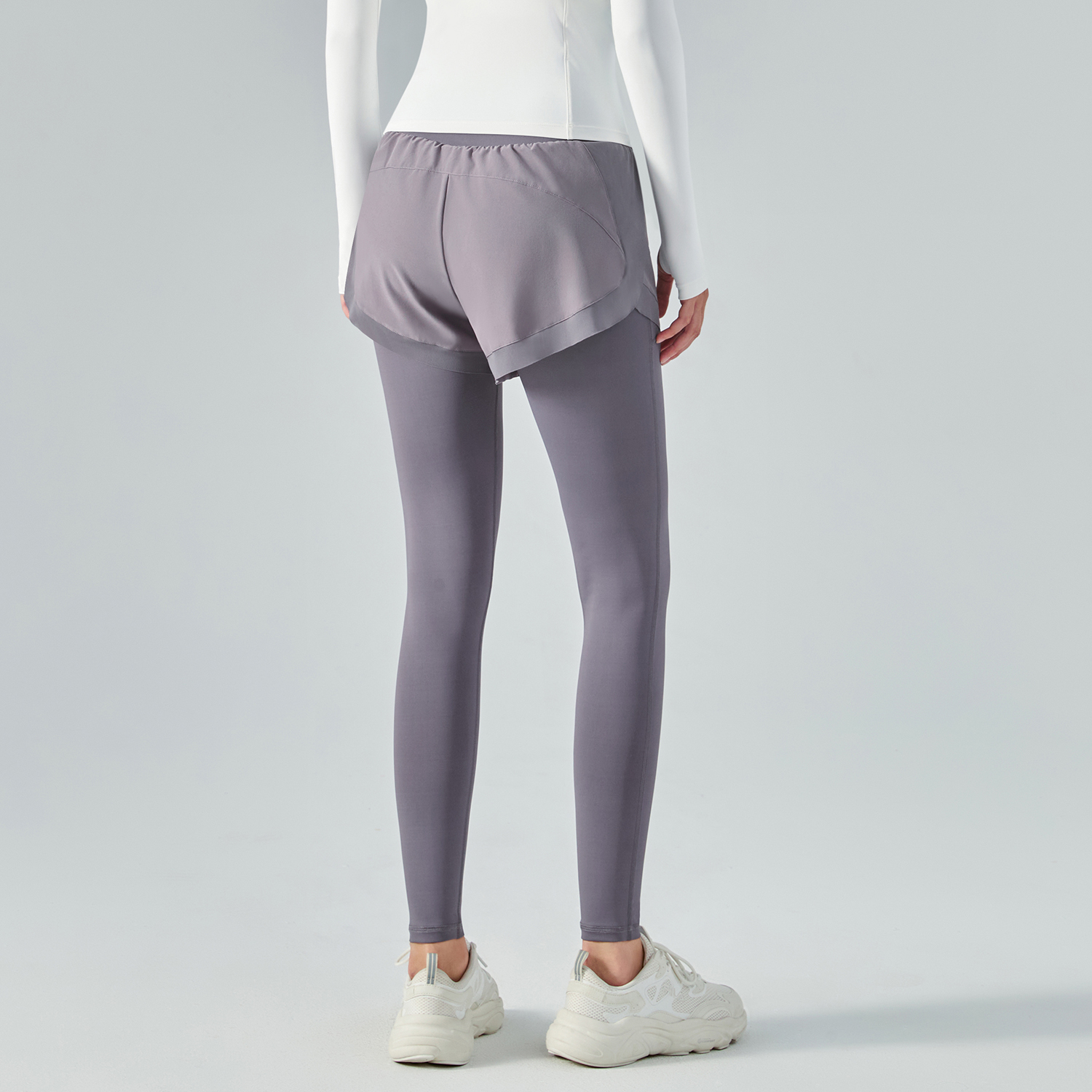 Hergymclothing Smoky Purple fake 2 pieces high waist butt lifting pocket yoga leggings with shorts online shopping