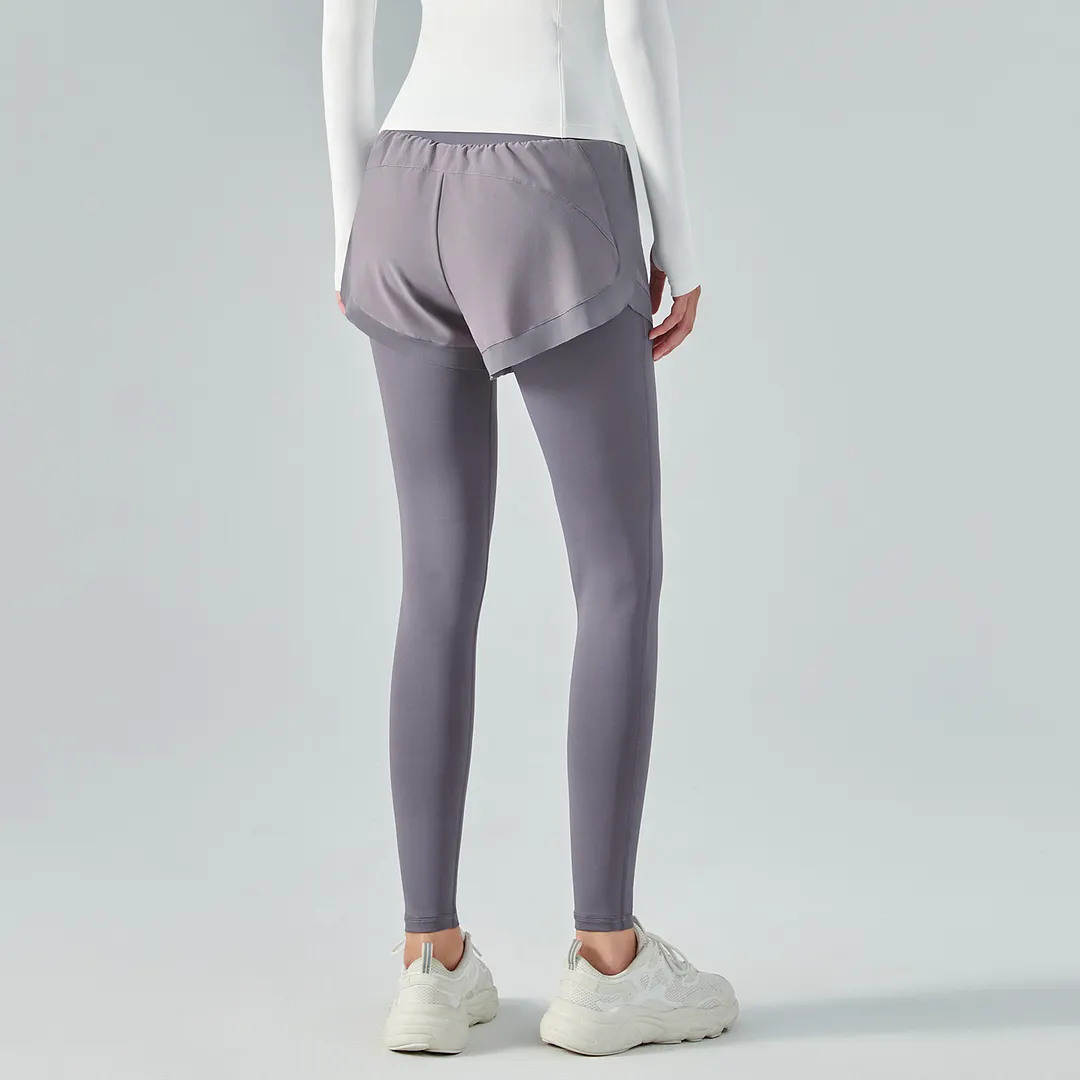 Hergymclothing Smoky Purple fake 2 pieces high waist butt lifting pocket yoga leggings with shorts online shopping