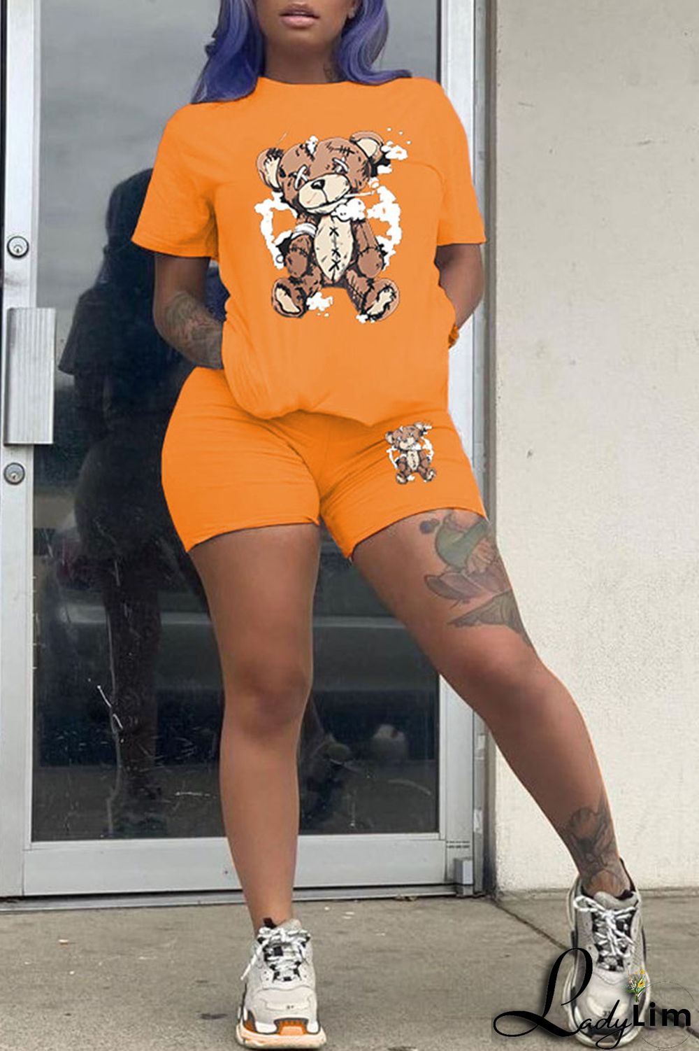 Purple Casual Print Patchwork O Neck Short Sleeve Two Pieces