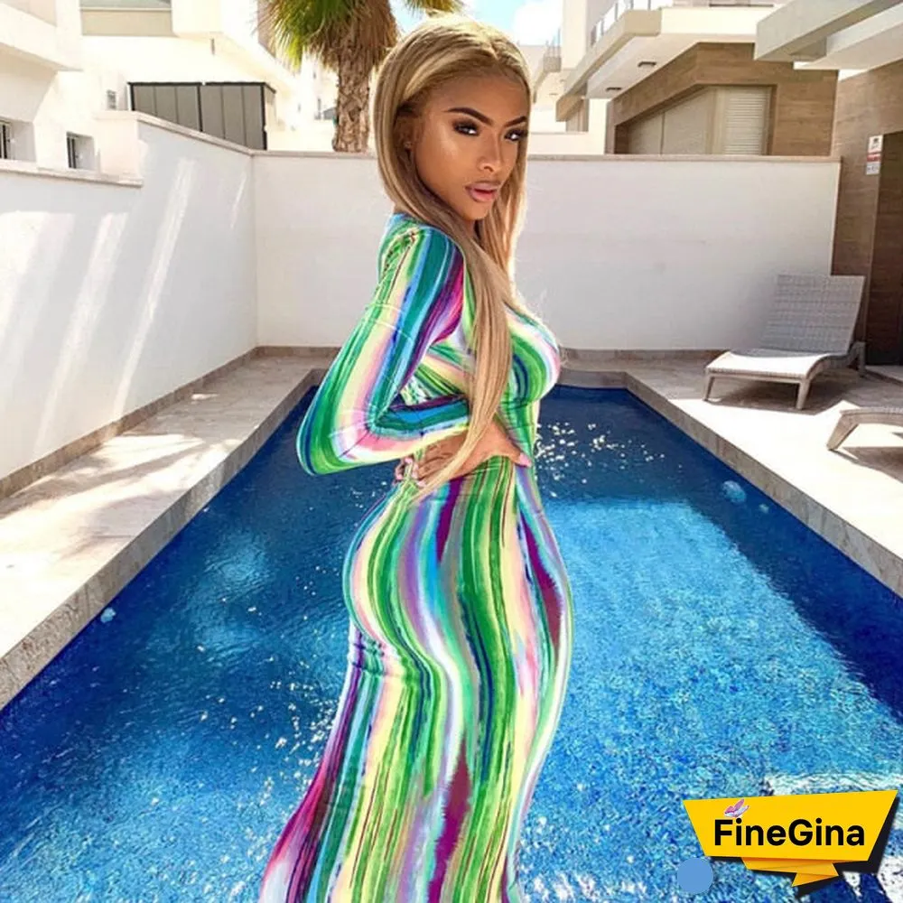 BOOFEENAA Stripe Tie Dye Print Sexy Maxi Dress Spring Casual Long Dress Women Nightclub Long Sleeve Bodycon Dresses C70CC31