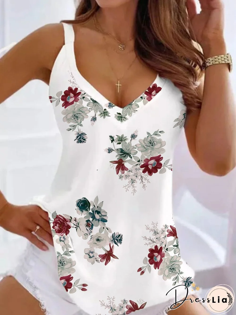 Casual Sleeveless V Neck Plus Size Floral Printed Knit Tank