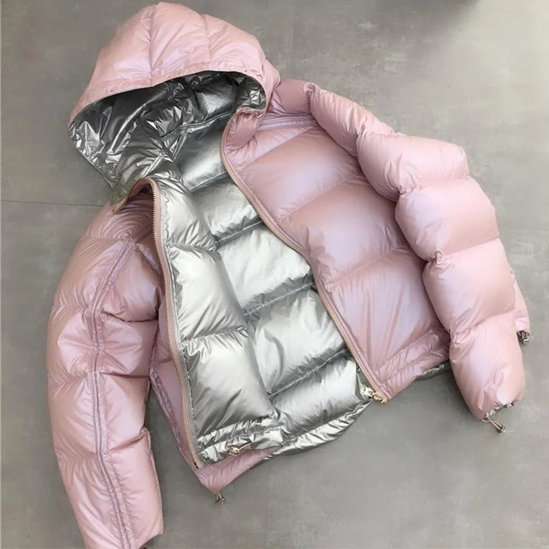 FTLZZ Winter Jacket White Duck Down Parkas Women Gold Silver Double Side Coat Big Aritificial Fur Hooded Female Down Oversize