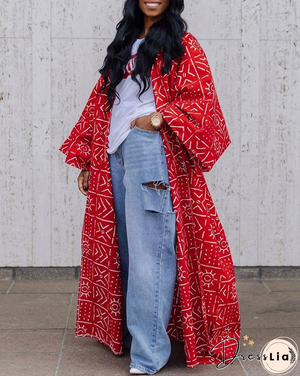 Bell Sleeve Graphic Print Longline Coat