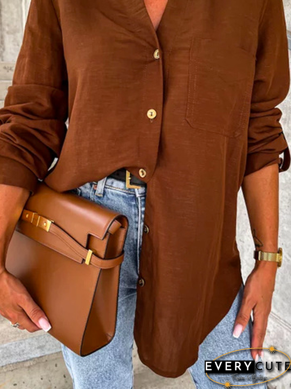 Women Casual Plain Autumn Polyester Micro-Elasticity Daily Loose Regular Shirt Collar Blouse
