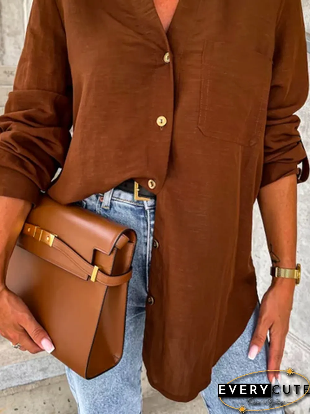 Women Casual Plain Autumn Polyester Micro-Elasticity Daily Loose Regular Shirt Collar Blouse