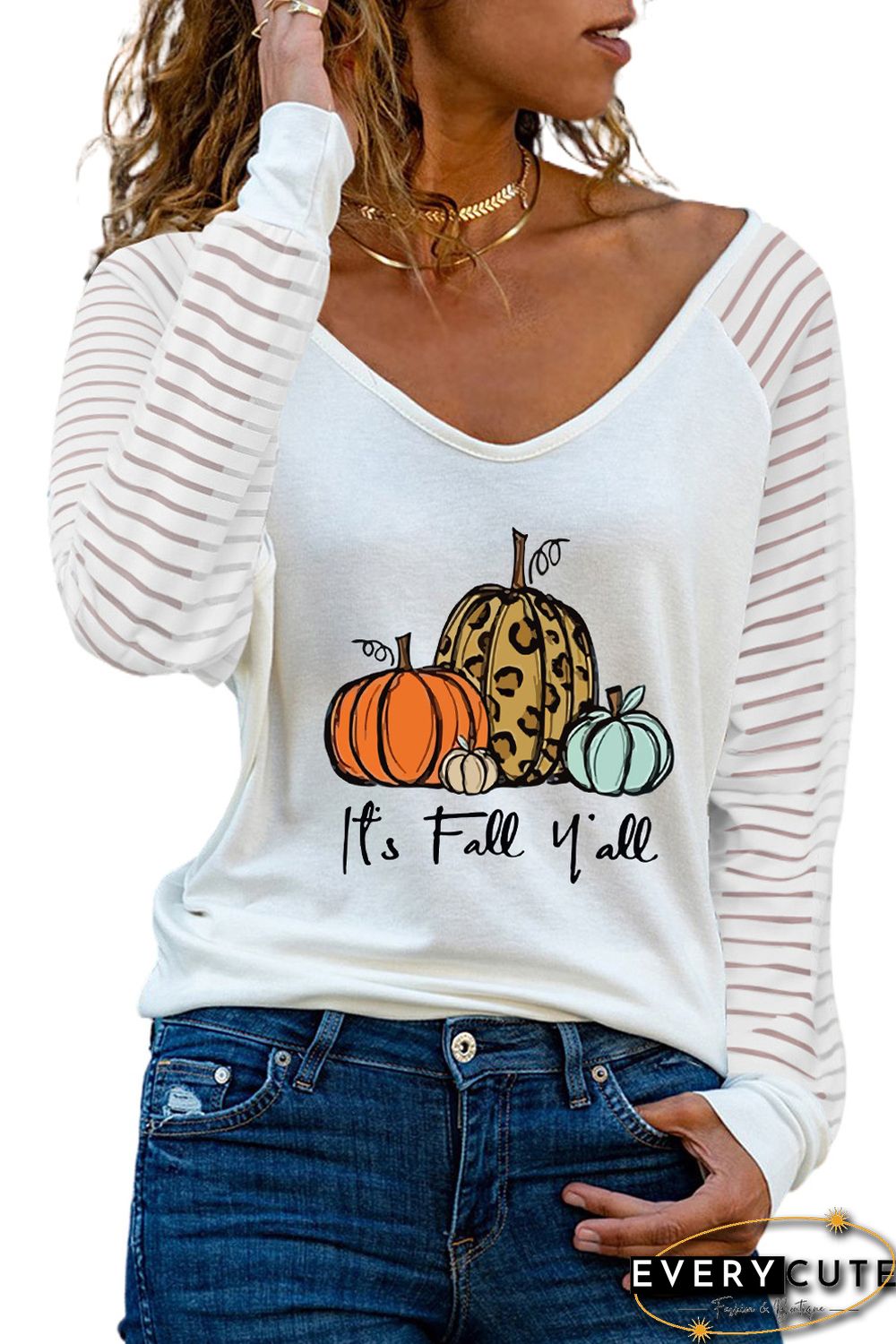 White Cute Fall Pumpkin Graphic Sheer Striped Long Sleeve Top
