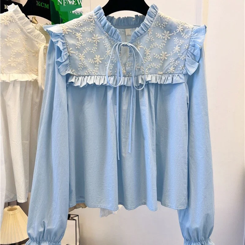 Spring Floral Mesh Ruffle Patchwork Women Blouses  Lace Up Long Sleeve Korea Pullover Tops New Shirts
