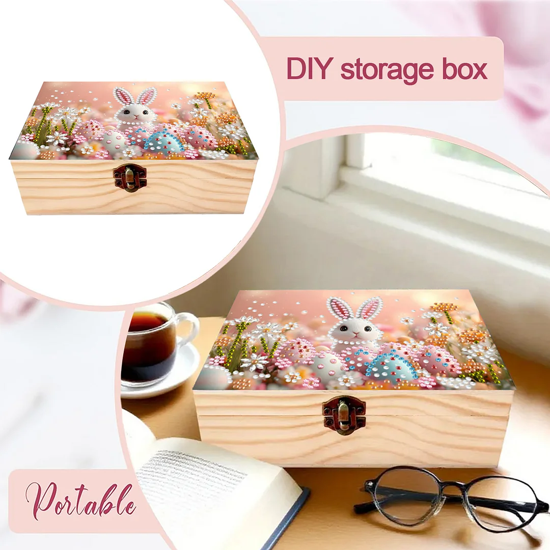 5D DIY Diamond Painting Handmade Wood Storage Box for Home Decor Craft (Rabbit)