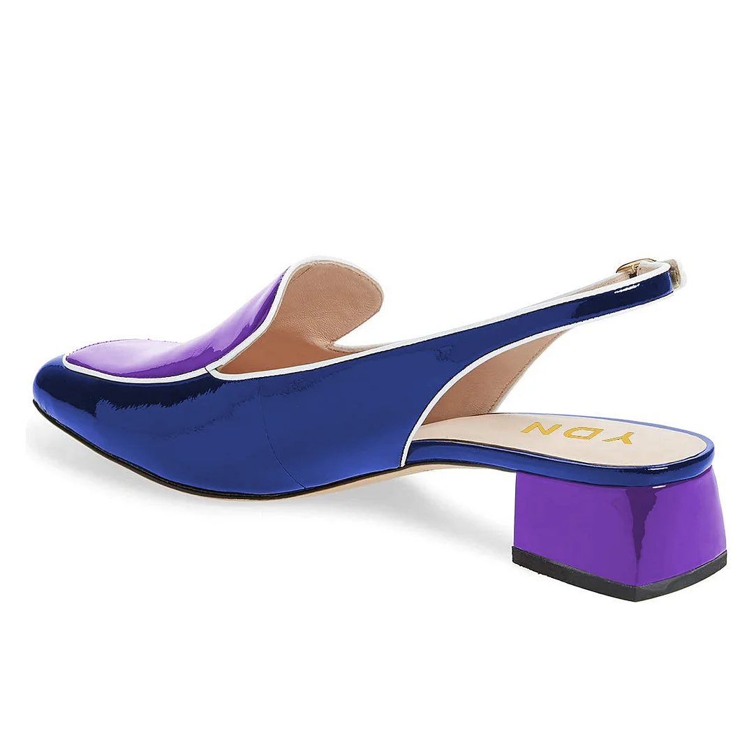 Navy & Purple Patent Leather Square Toe Slingback Loafer Heels
