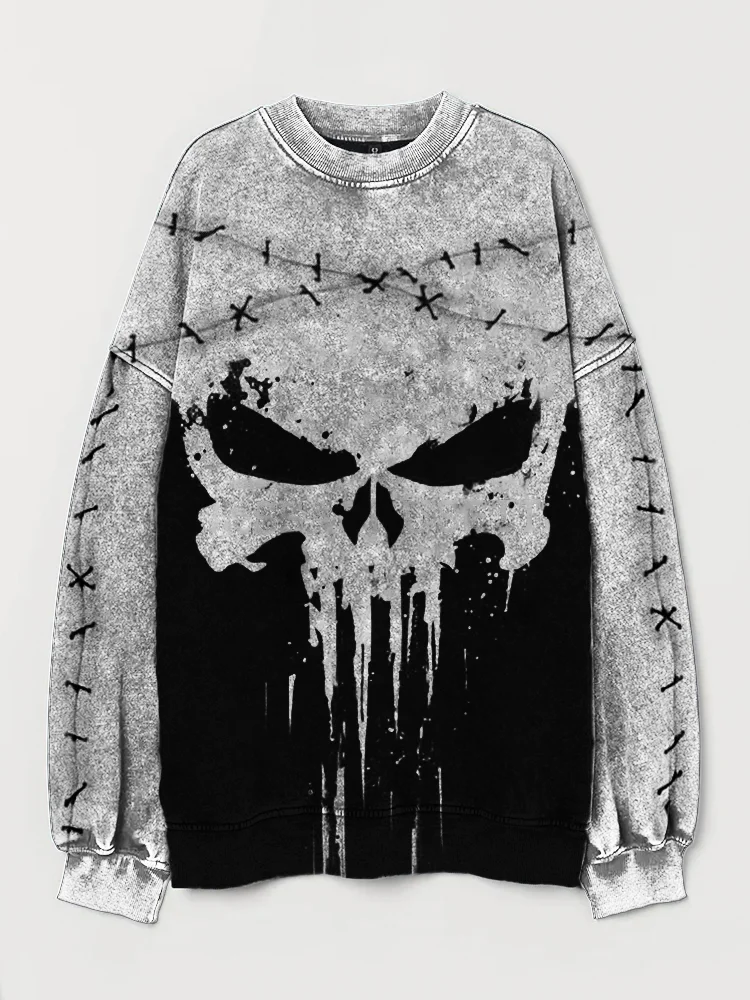 Stitched Skull Graffiti Contrast Color Washed Sweatshirt