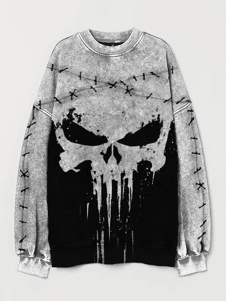Broswear Stitched Skull Graffiti Contrast Color Washed Sweatshirt