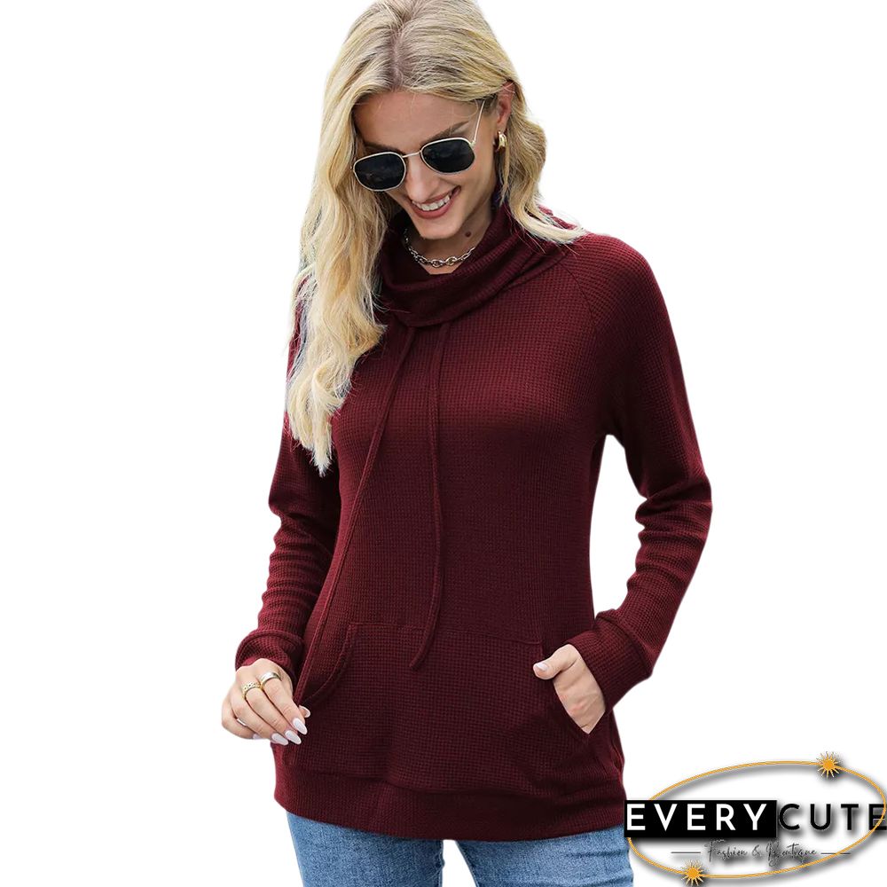 Wine Red Heap Collar Drawstring Pocket Long Sleeve Top