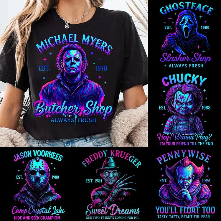 Halloween Neon Horror Characters T-shirt, Horror Killers V-neck, Sweatshirt, Hoodie