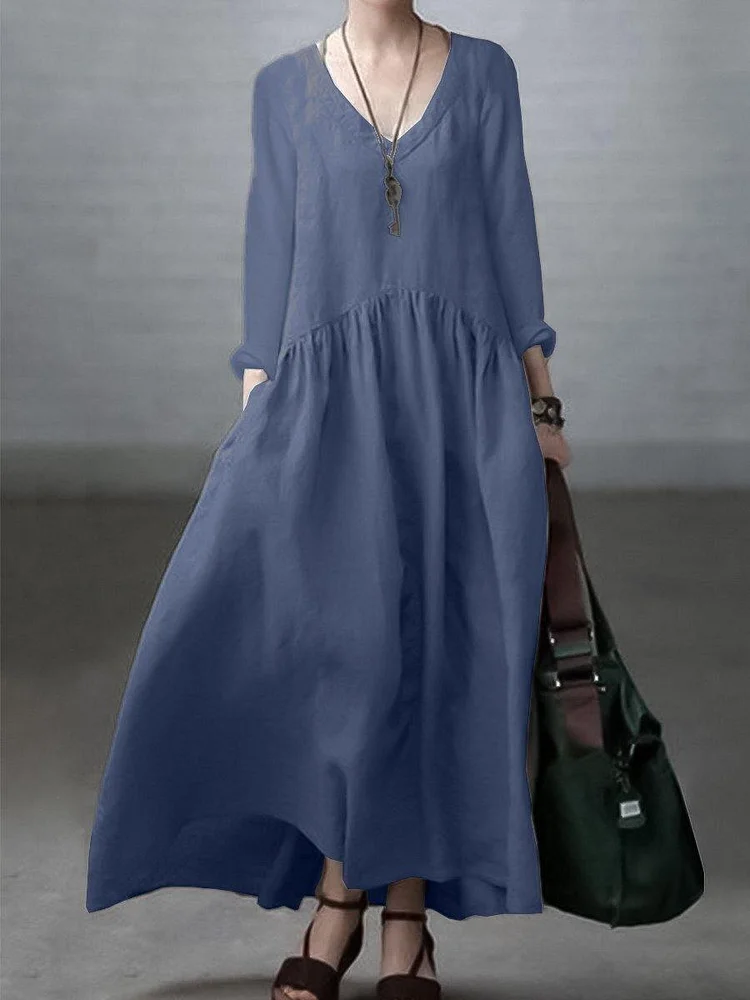 Simple and Loose V-neck Cotton and Linen Dress