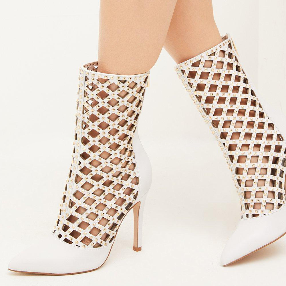 Stylish Pointed Toe Hollow Out Rivets Heeled Summer Boots in White Nicepairs