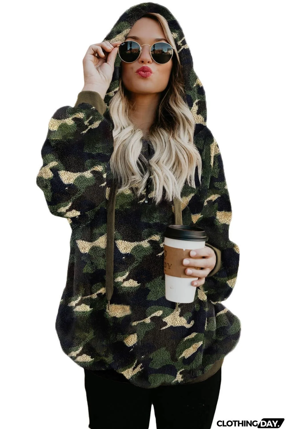 Camo Print Warm Furry Pullover Hoodie