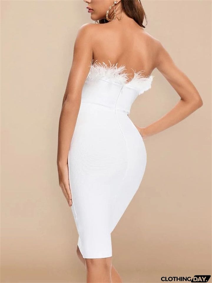 New Bodycon Slash Feathers Strapless Knee Length Dresses