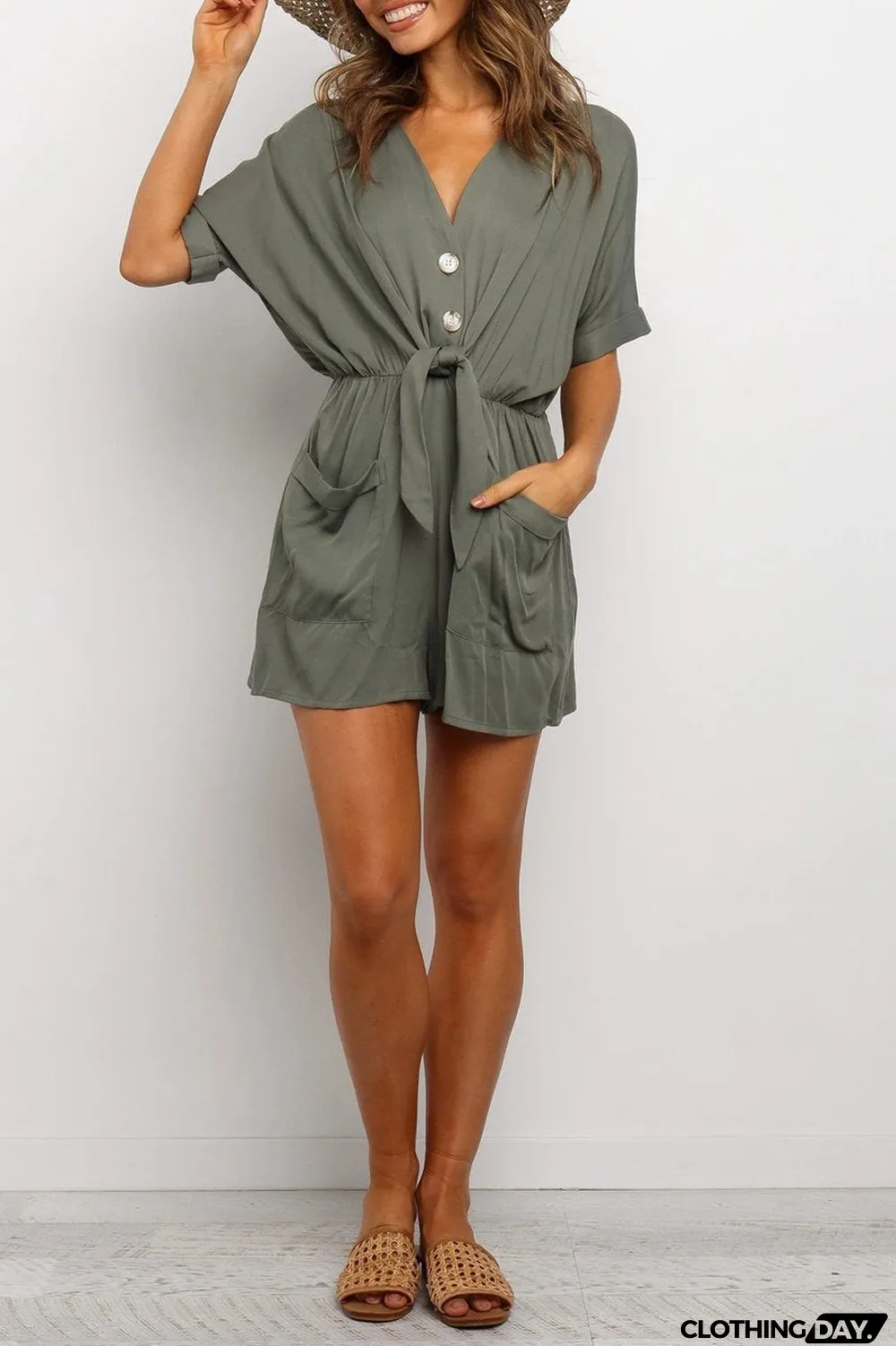 Drawstring Waist V-Neck Knotted Romper