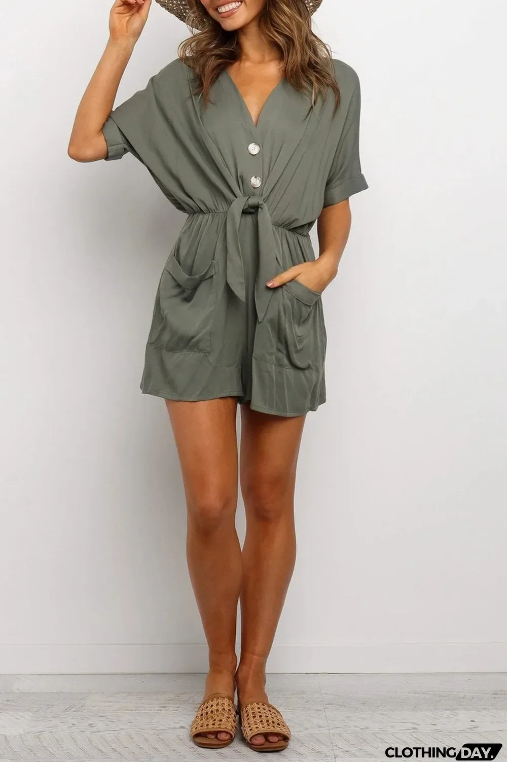 Drawstring Waist V-Neck Knotted Romper