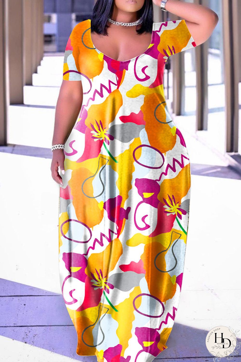 Apricot Casual Print Basic V Neck Short Sleeve Dress Plus Size Dresses