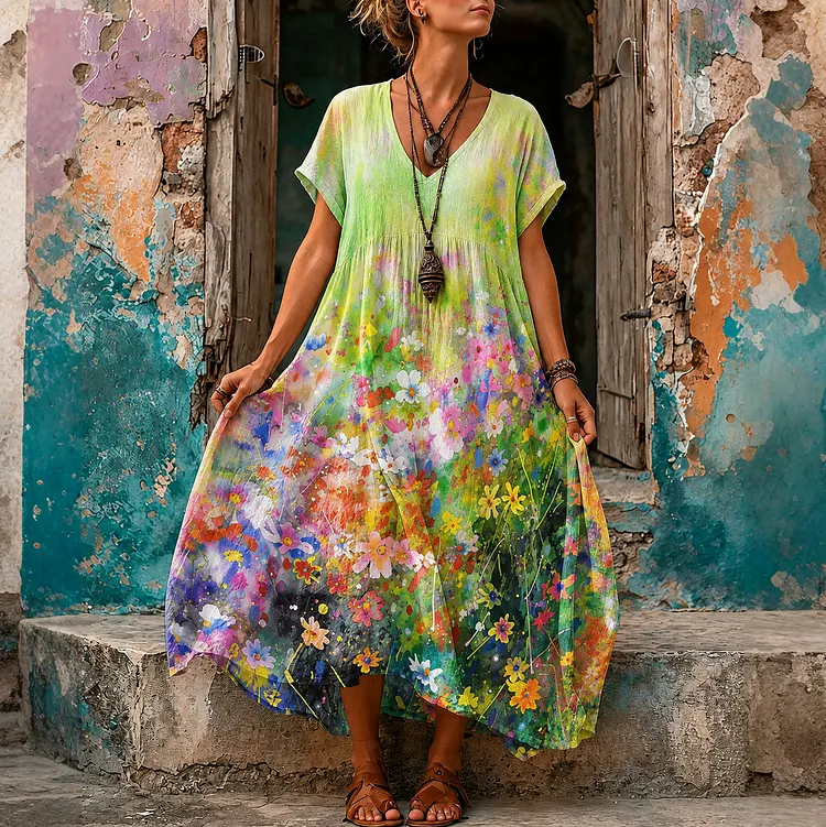 Women's Retro Floral Art Print Linen V-neck Short Sleeve Long Dress