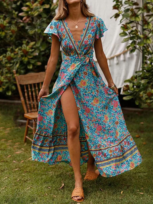 pretty bohemia floral v neck maxi dress