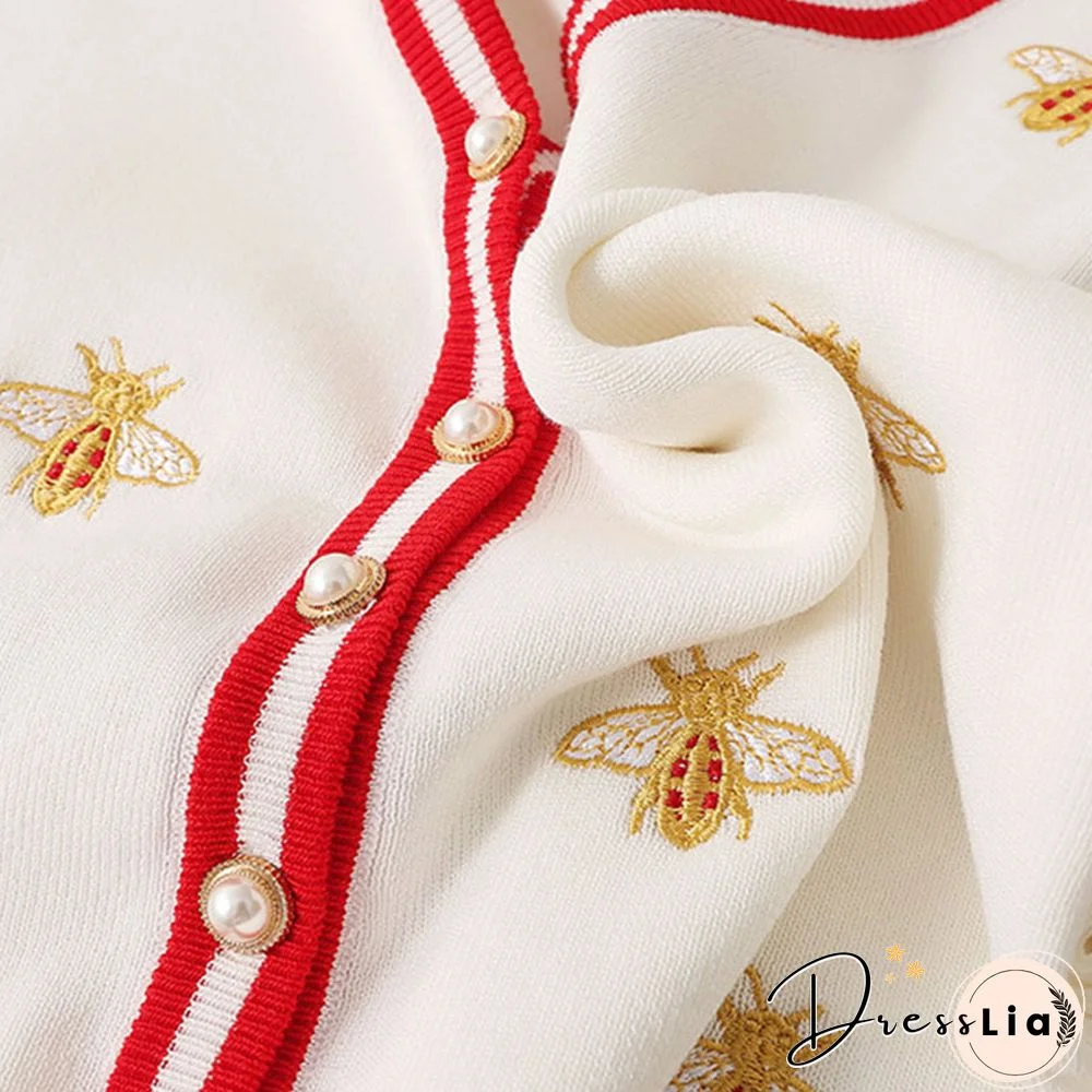 High Quality Fashion Designer Bee Embroidery Cardigan Long Sleeve Single Breasted Contrast Color Button Knitted Sweater