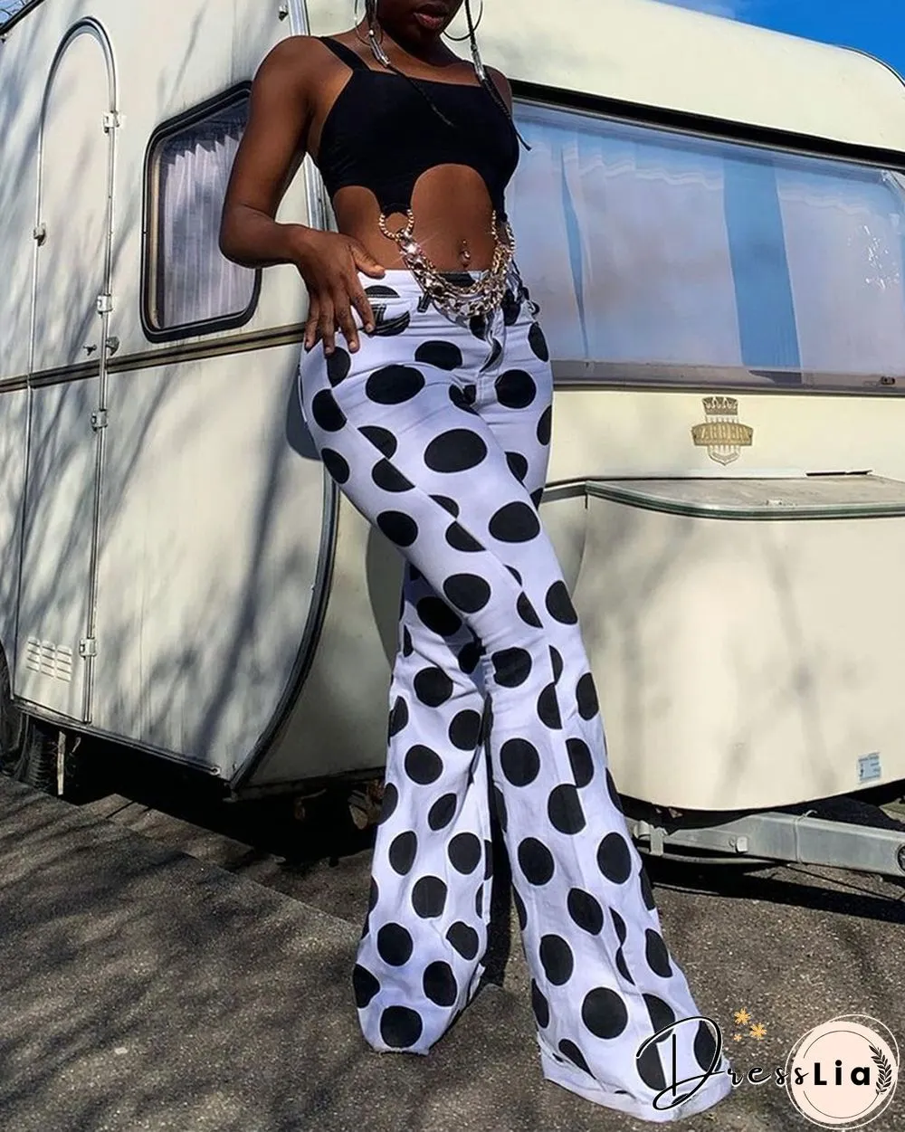 Polka Dot Print Pocket Design Bootcut Pants