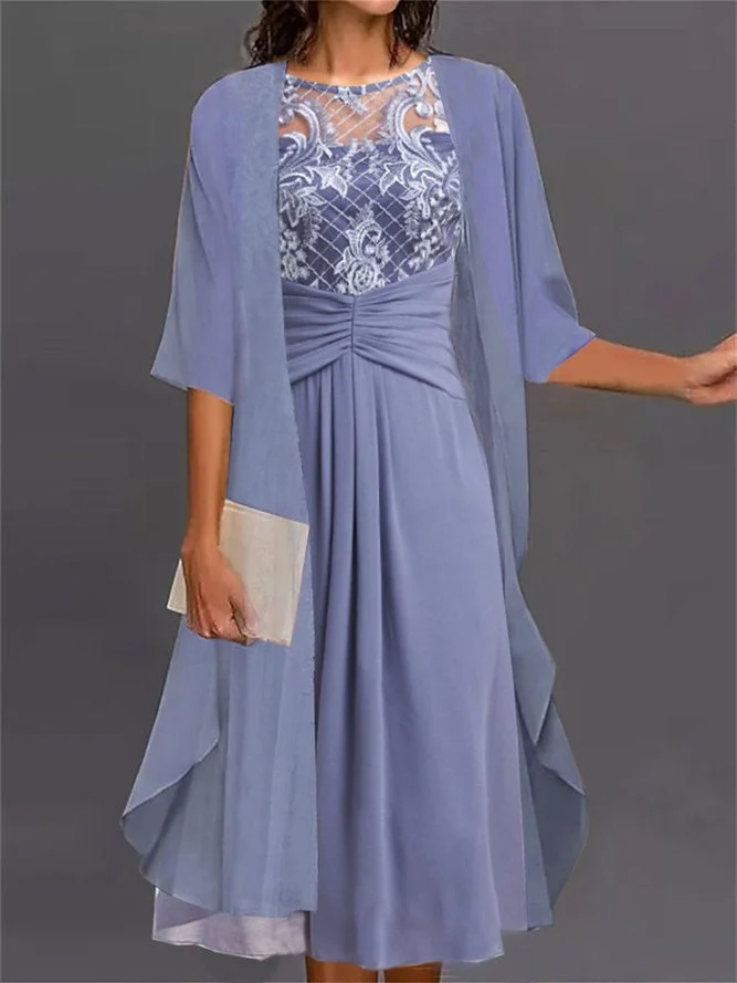 Women Half Sleeve Scoop Neck Lace Two-Piece Midi Dress