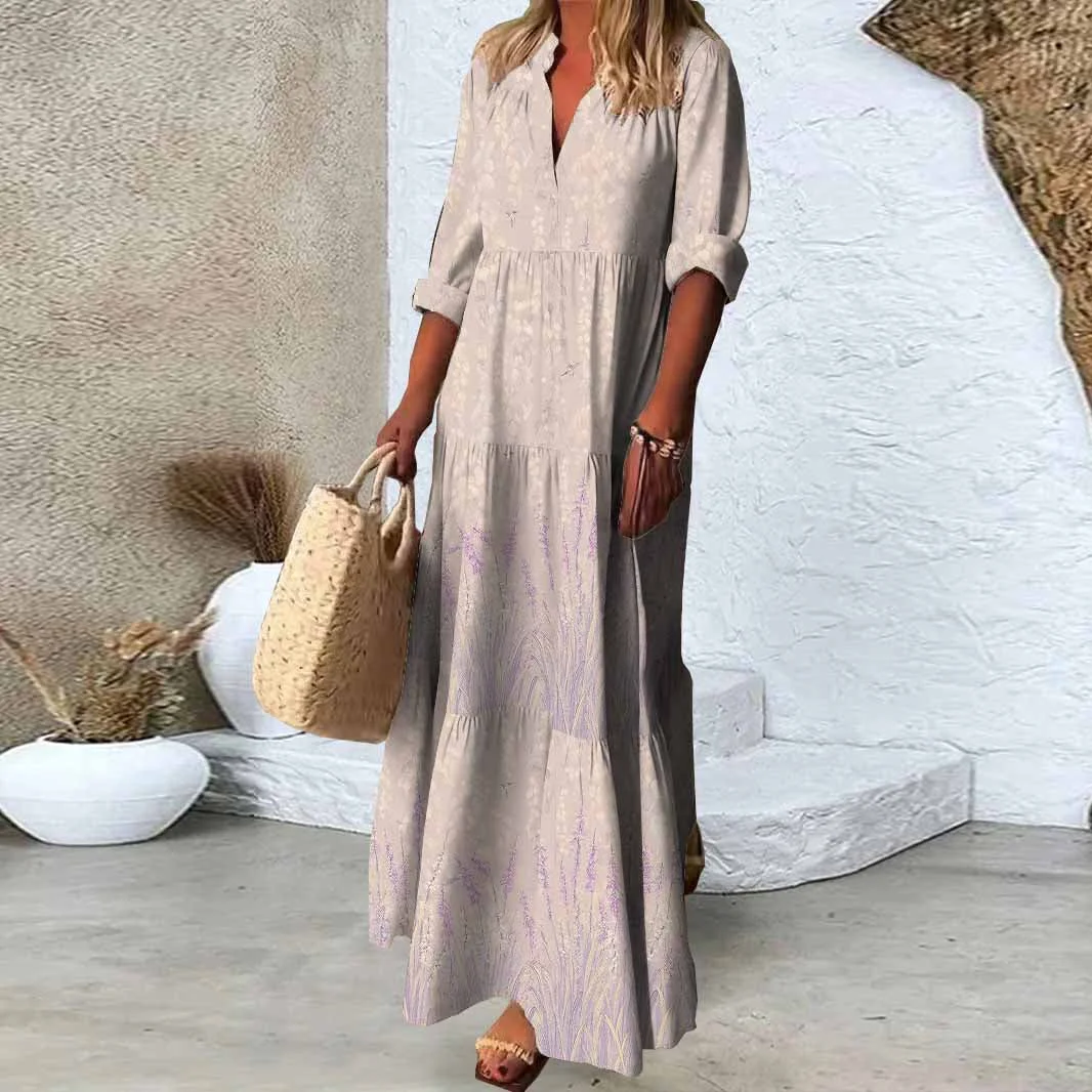 Women Floral, Pink DZDN0596 SPU Printed Long Sleeve V-neck Maxi Dress