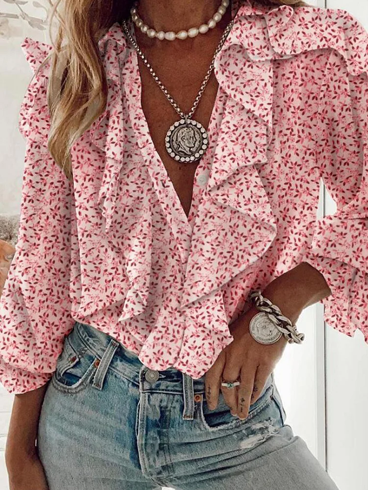 Casual Floral Ruffle Trim V Neck Long Sleeve Blouse