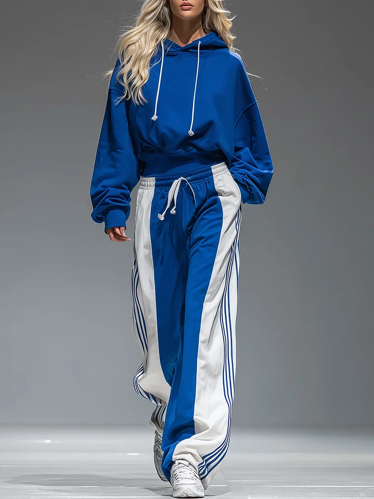 【24-hour shipping out】Retro Sporty Hoodie And Striped Wide-leg Pants Set