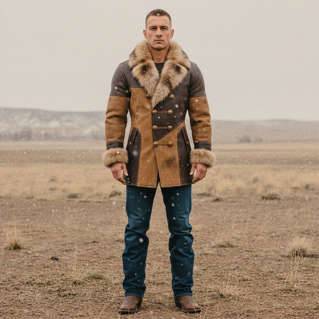 Men's Vintage Brown Leather Coat With Fur Collar And Cuffs