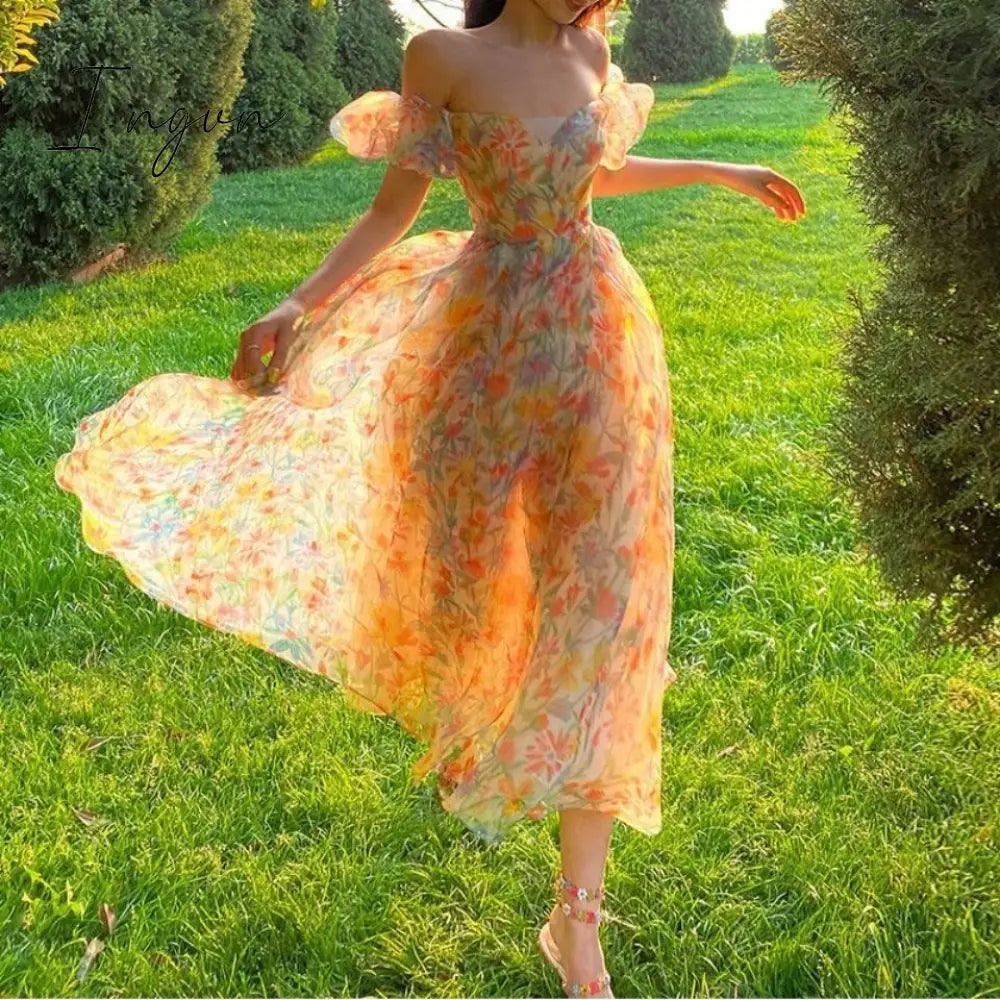 Ingvn - Hot Sale Summer Floral Design Elegant Midi Dresses Women Office Lady One Piece Dress Korean