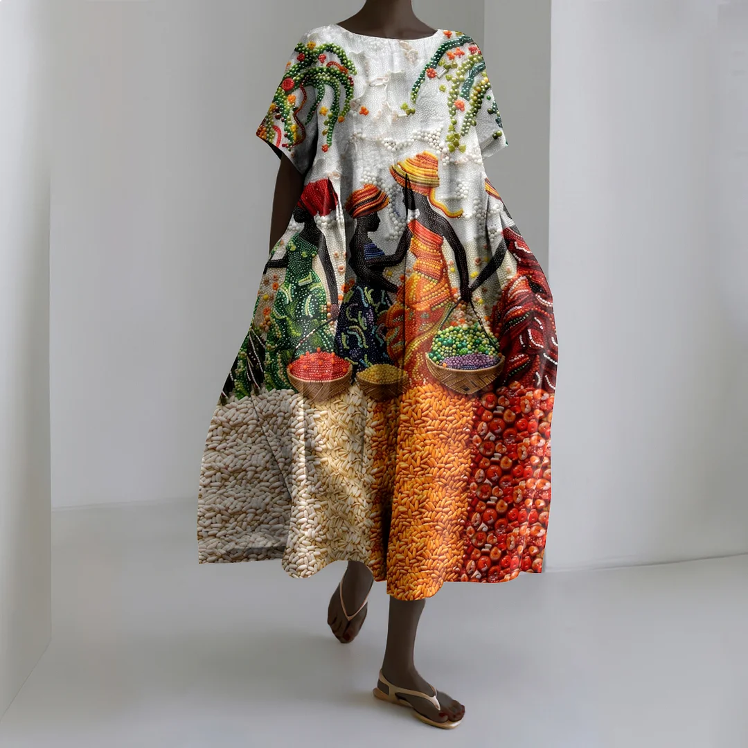 African Art Short Sleeve Midi Dress