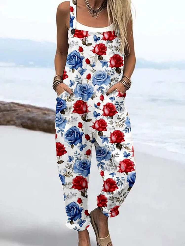 Wome'S Vntage Blue And  Red Rose Independence Day Pattern Print Casual Cotton Wide Leg Jumpsuit