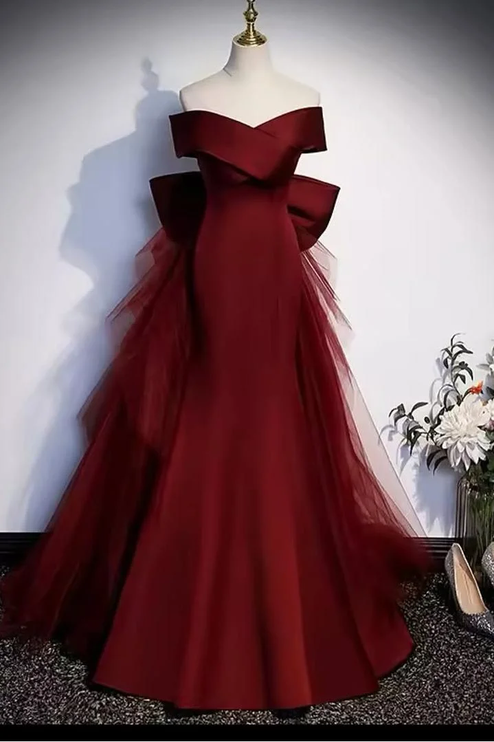 Miabel Exquiste Burgundy Satin Off the Shoulder Tulle Prom Dress with Detachable Train 