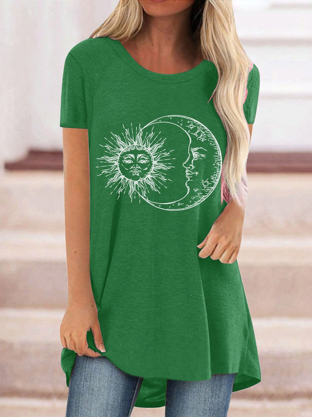 Women Casual Short Sleeve Scoop Neck Sun&Moon Floral Printed Tops