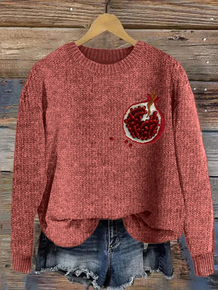 VChics Pomegranate Beaded Embroidery Art Cozy Knit Sweater