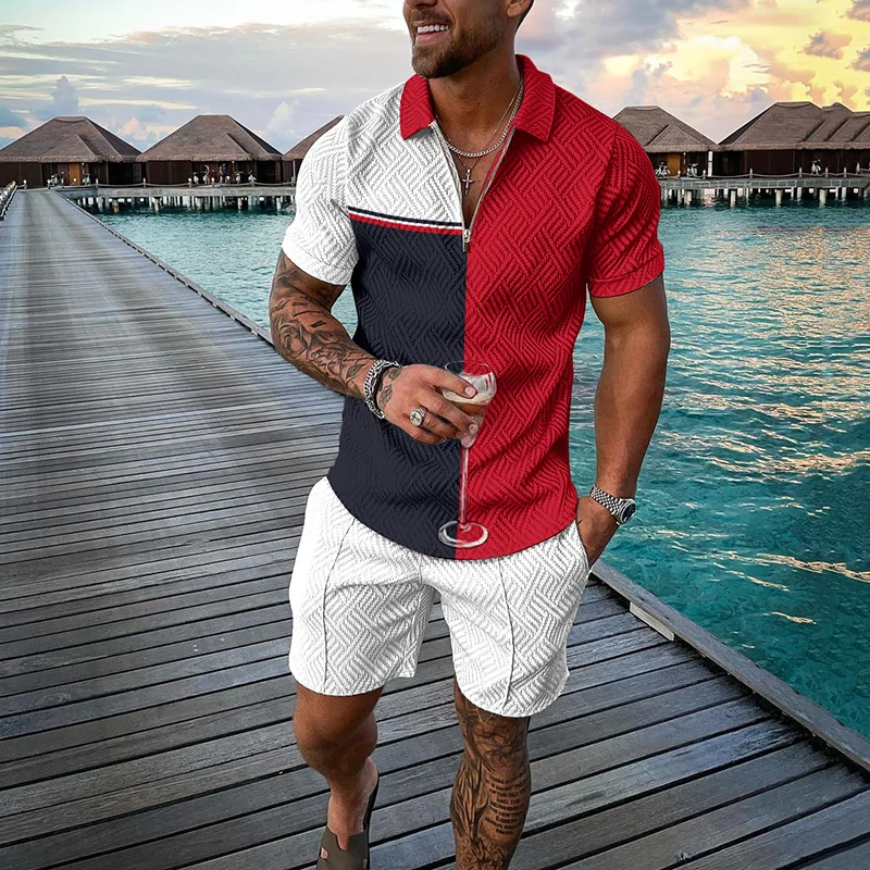 Geometric Color Block Color Matching Polo Shirt And Short Co-Ord
