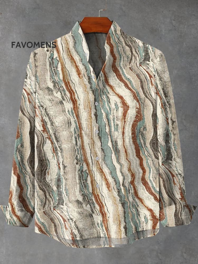 Vintage Striped Marble Pattern Art Print 100% Cotton Long Sleeve Shirt Multicolor / S