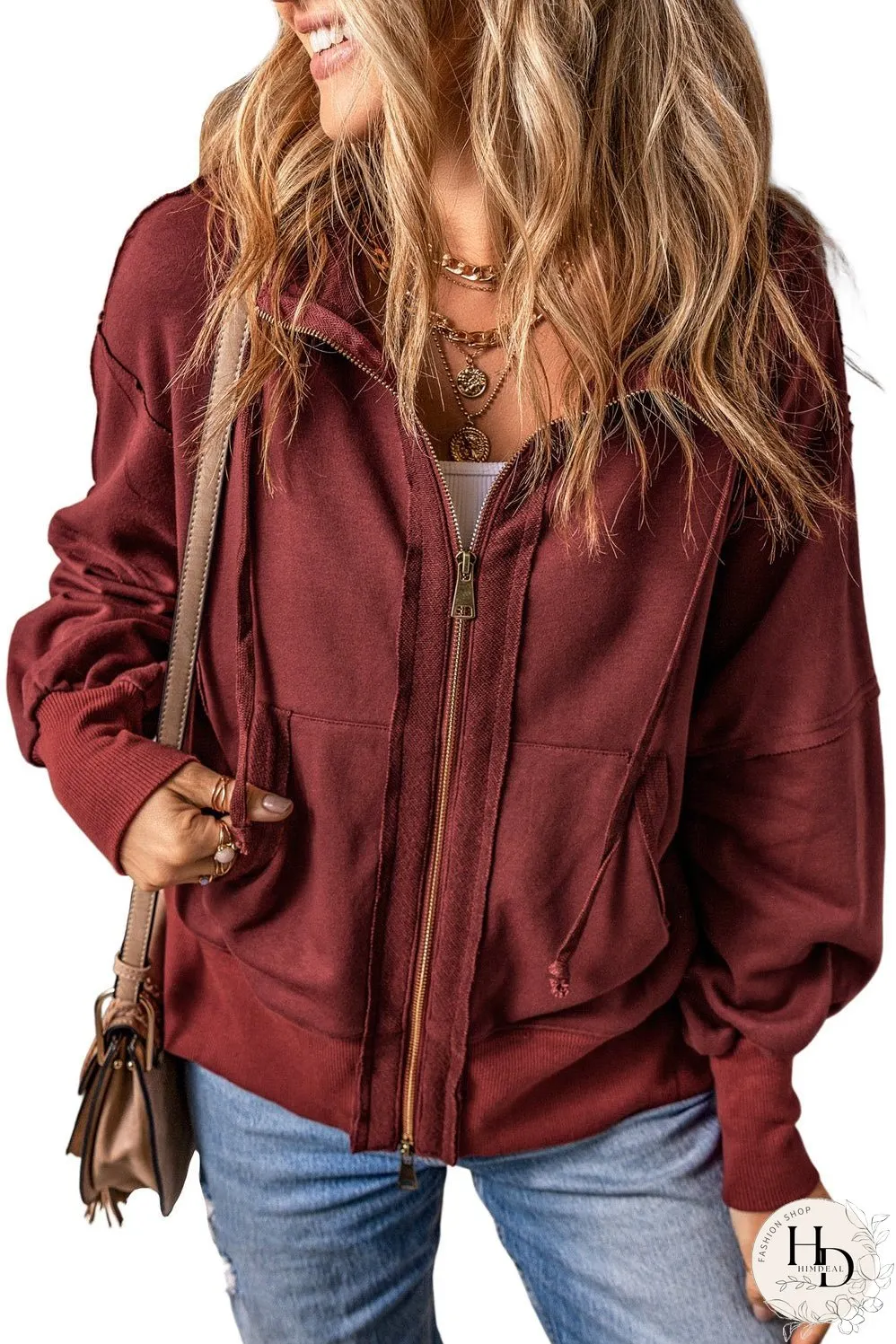 Brown Exposed Seam Zip-Up Hoodie with Raw Hem