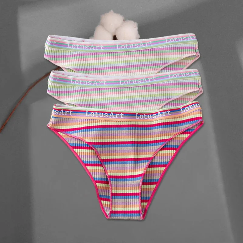 FINETOO 3Pcs/set Colorful Stripes Panties Women's Cotton Briefs M-XL Low-Rise Rainbow Underwear Ladies Underpants Girls Panties
