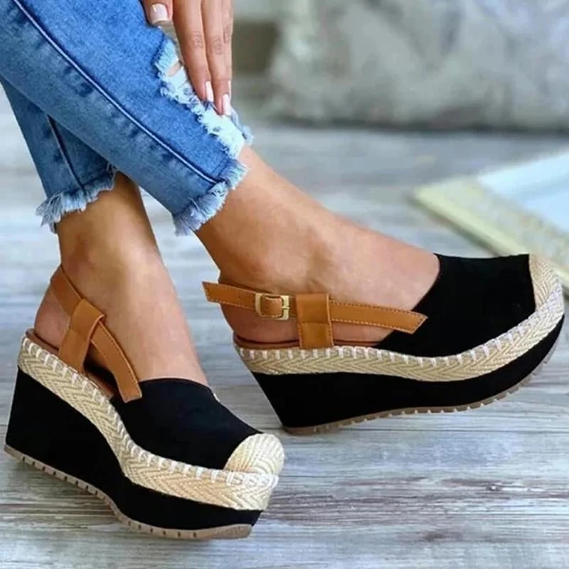 Womens Solid Color Suede Stitching Woven Slope Heel Buckle Round Toe High-heeled Fashion Trend Sexy Elegant All-match Sandals