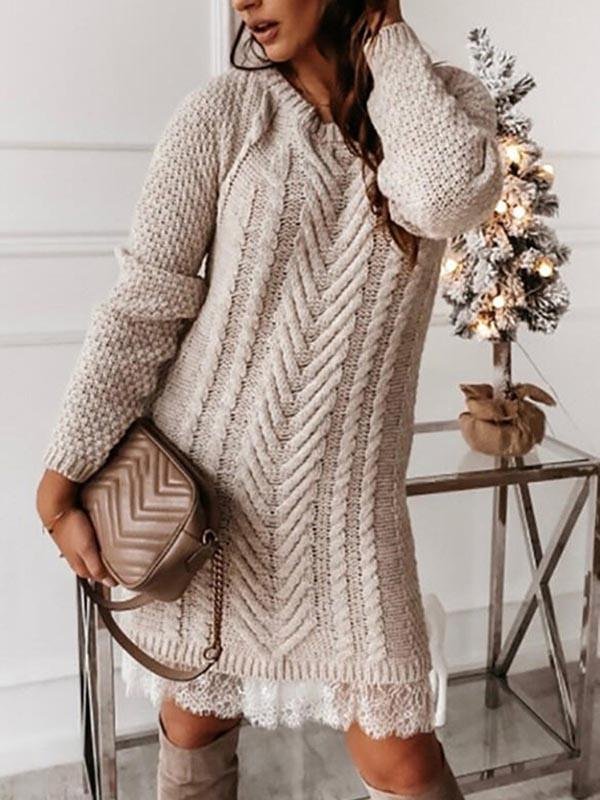 Casual long-sleeved lace stitching knitted sweater dress