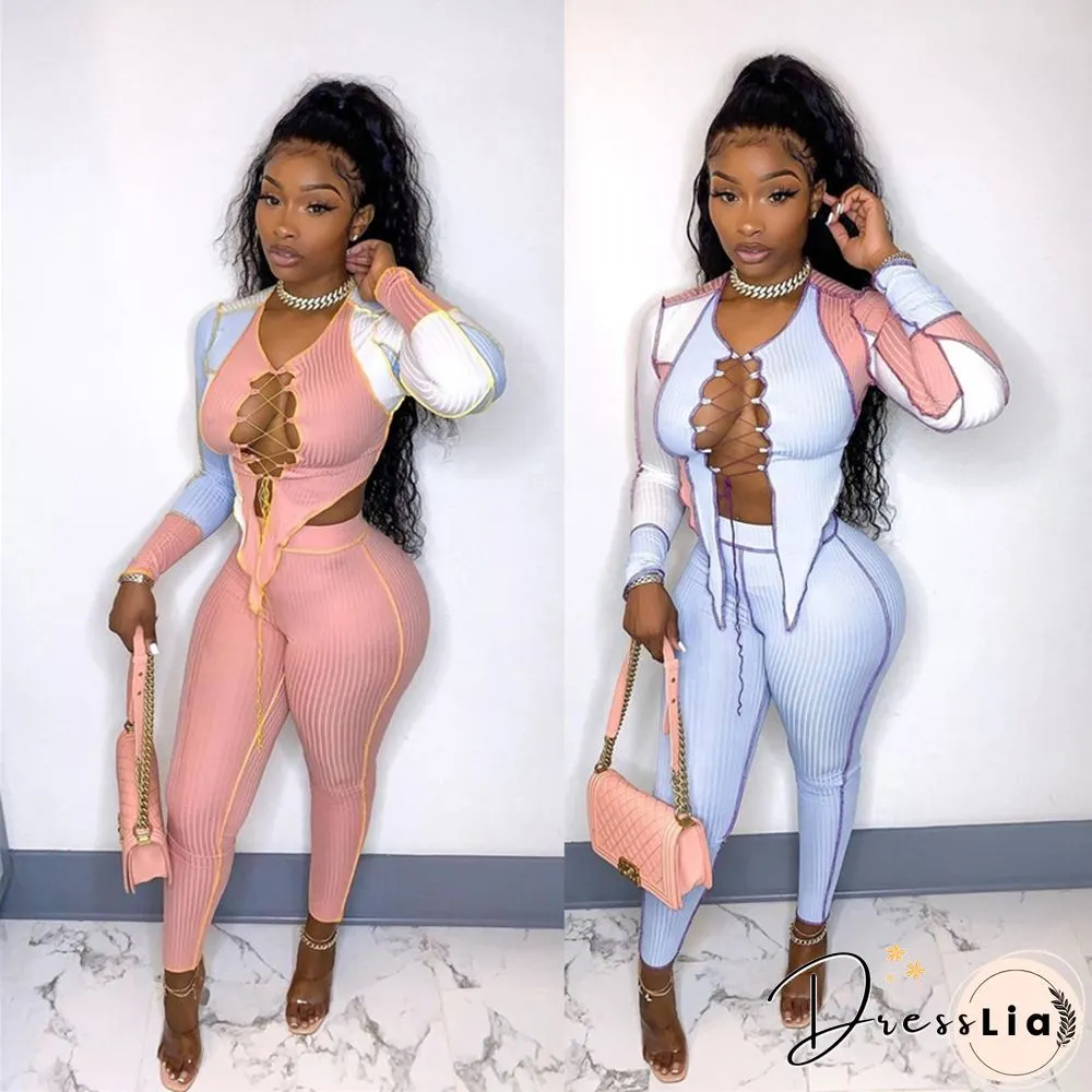 Knit Ribbed Piece Outfits For Women Matching Sets Irregular Crop Top And Pants Leggings