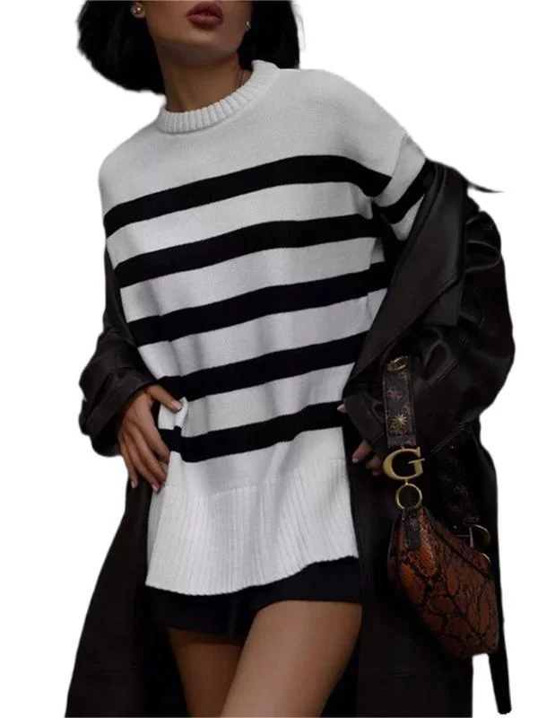 Nigikala Nigikala Autumn And Winter Women's Clothing Jacket Loose Round Collar Bump Color Knitted Striped Sweater Woman